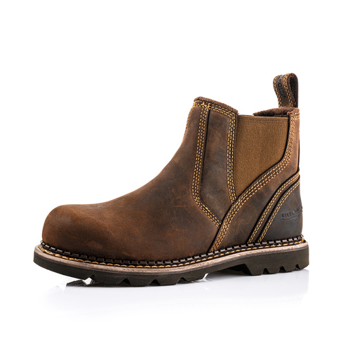 The Buckler Safety Dealer Boot - B1555Sm, a single brown leather pull-on work boot featuring a rugged sole, reinforced stitching, Goodyear welted construction, and a pull tab at the back, is displayed on a white background.