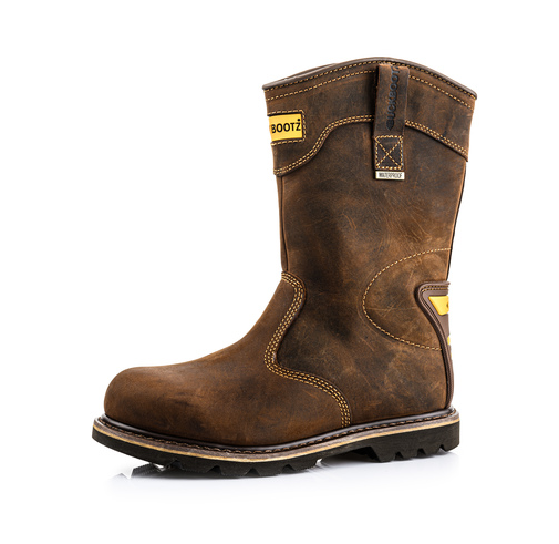 A single Buckler Safety Rigger Boot - B701Smwp, in brown leather with yellow accents, thick soles, and visible stitching, featuring a waterproof breathable membrane and enhanced ankle protection, shown against a plain white background.