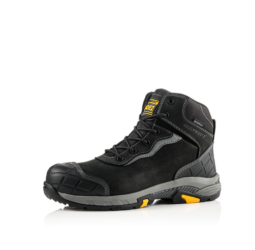 The Buckler - Tradez Blitz Waterproof Safety Boots - Blitzbk from Buckler are black and grey lace-up work boots showcasing reinforced toes, yellow accents, and rugged soles. They feature lightweight metal-free safety components and are photographed from the side against a white background.