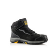 The Buckler - Tradez Blitz Waterproof Safety Boots - Blitzbk are lightweight, metal-free black lace-up work boots featuring a rubber sole and reinforced toe. With gray and yellow accents, these "BUCKLER" boots include advanced safety features and waterproofing.