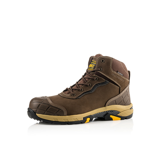 The Buckler Tradez Blitz Waterproof Safety Boots - Blitzbr feature a brown, high-top design with rugged elements, yellow and black accents, waterproof properties, and reinforced heel areas on a white background.