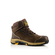 The Buckler - Tradez Blitz Waterproof Safety Boots - Blitzbr is a brown ankle-high work boot with a rugged sole, yellow and black accents, padded collar, and metal-free toe protection.