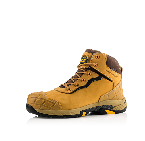 Introducing the Buckler - Tradez Blitz Waterproof Safety Boots - Blitzhy by Buckler: a sleek yellow and brown lightweight safety boot with laces. This model is designed with a reinforced, metal-free toe cap and heel, complemented by black accents and finished with a distinctive yellow and black sole.