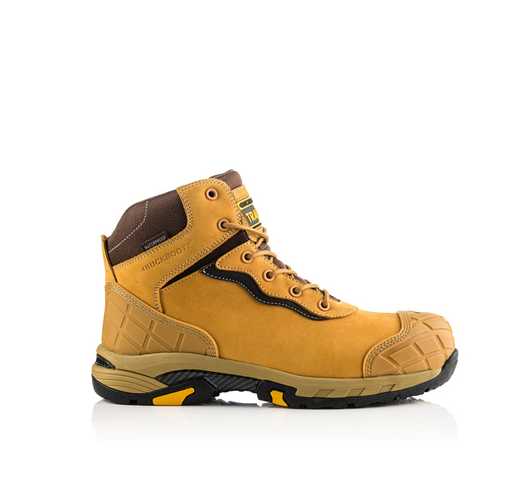 A side view of the Buckler - Tradez Blitz Waterproof Safety Boot - Blitzhy, featuring a single tan and brown boot with a black and yellow sole, renowned for its lightweight safety, is isolated on a white background.