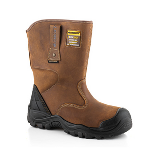 Introducing the Buckler Waterproof Safety Rigger Boot Bsh010Br: a mid-calf, brown leather boot with a black rubber sole and toe guard, featuring a safety certification label and reinforced stitching for enhanced durability.