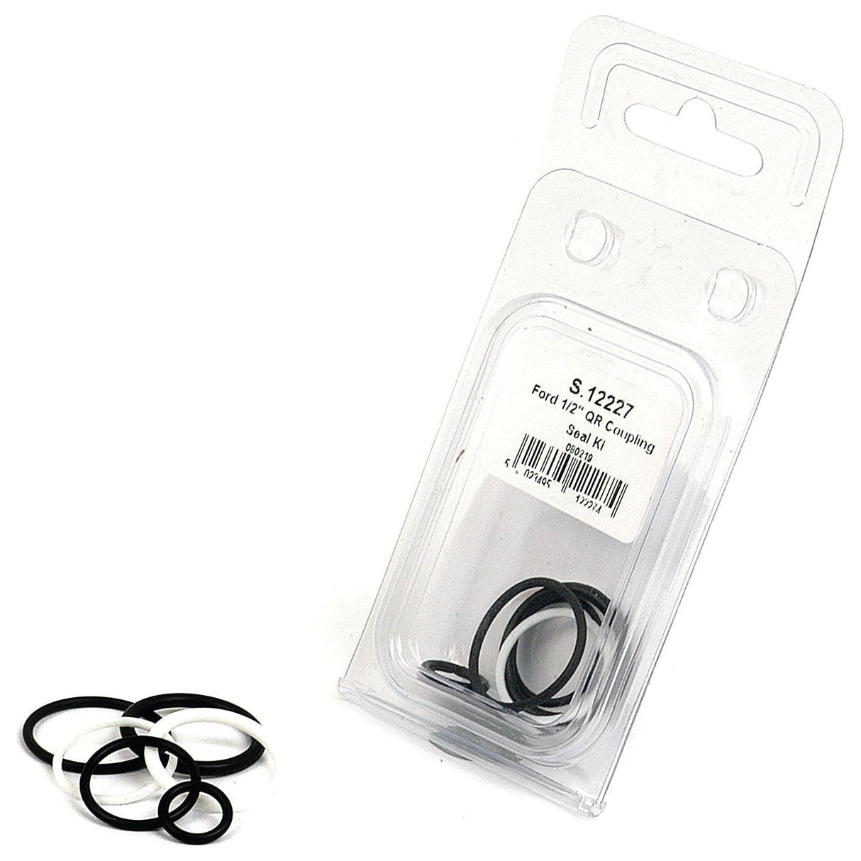 A transparent plastic package with a label reading "Sparex Seal Repair Kits for Quick Release Couplings 1/2'' (Fits: Ford 600/700 & TW Series) | Sparex Part No.S.12227" contains several black rubber O-rings scattered next to it.
