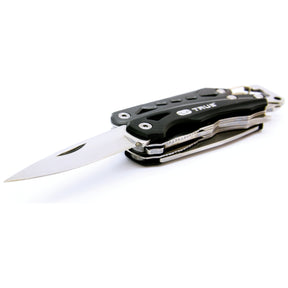 The Sparex Seven Multitool - S.149189 comes with a partially opened folding knife blade, an array of other useful tools, and a convenient carabiner attachment, all crafted with an ergonomic handle in a sleek black and silver design.
