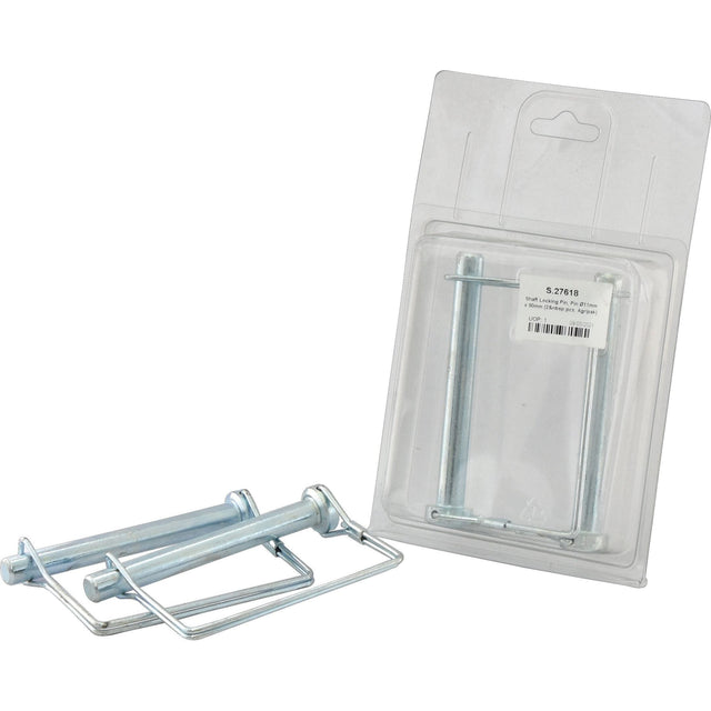 The image shows two sets of Sparex Shaft Locking Pins (Pin Ø11mm x 90mm, 2 pcs. Agripak, Part No.S.27618), with one set outside and another set inside transparent plastic packaging.