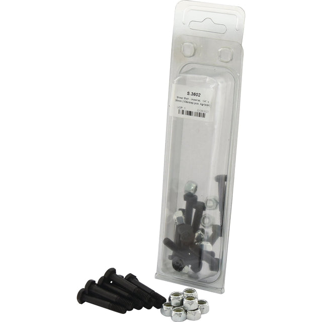 A pack of assorted black bolts and silver nuts, featuring Sparex Shear Bolt - Imperial (Sparex Part No. S.3602) with a 1/4" thread size, partially taken out of its clear plastic packaging.