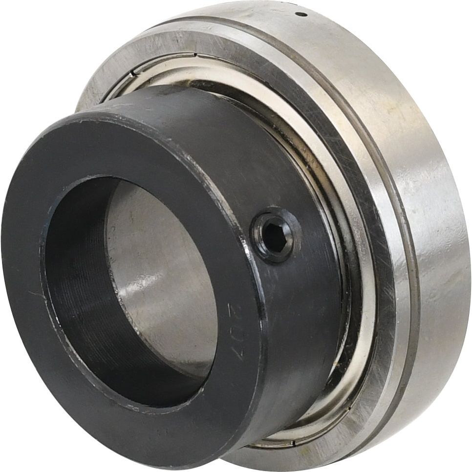 The Sparex Plummer Block Bearing Insert (ES207) - S.18176 by Sparex features a black inner ring, a silver outer ring, and a locking collar bearing with a set screw on the side.