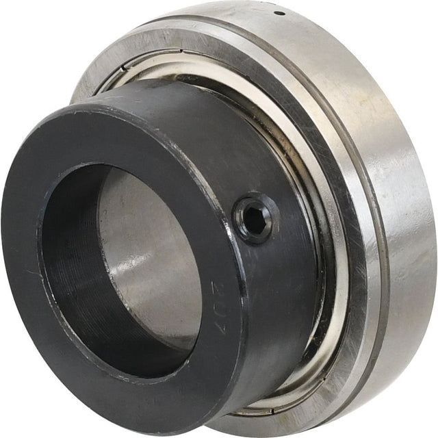 The Sparex Plummer Block Bearing Insert (ES207) - S.18176 by Sparex features a black inner ring, a silver outer ring, and a locking collar bearing with a set screw on the side.