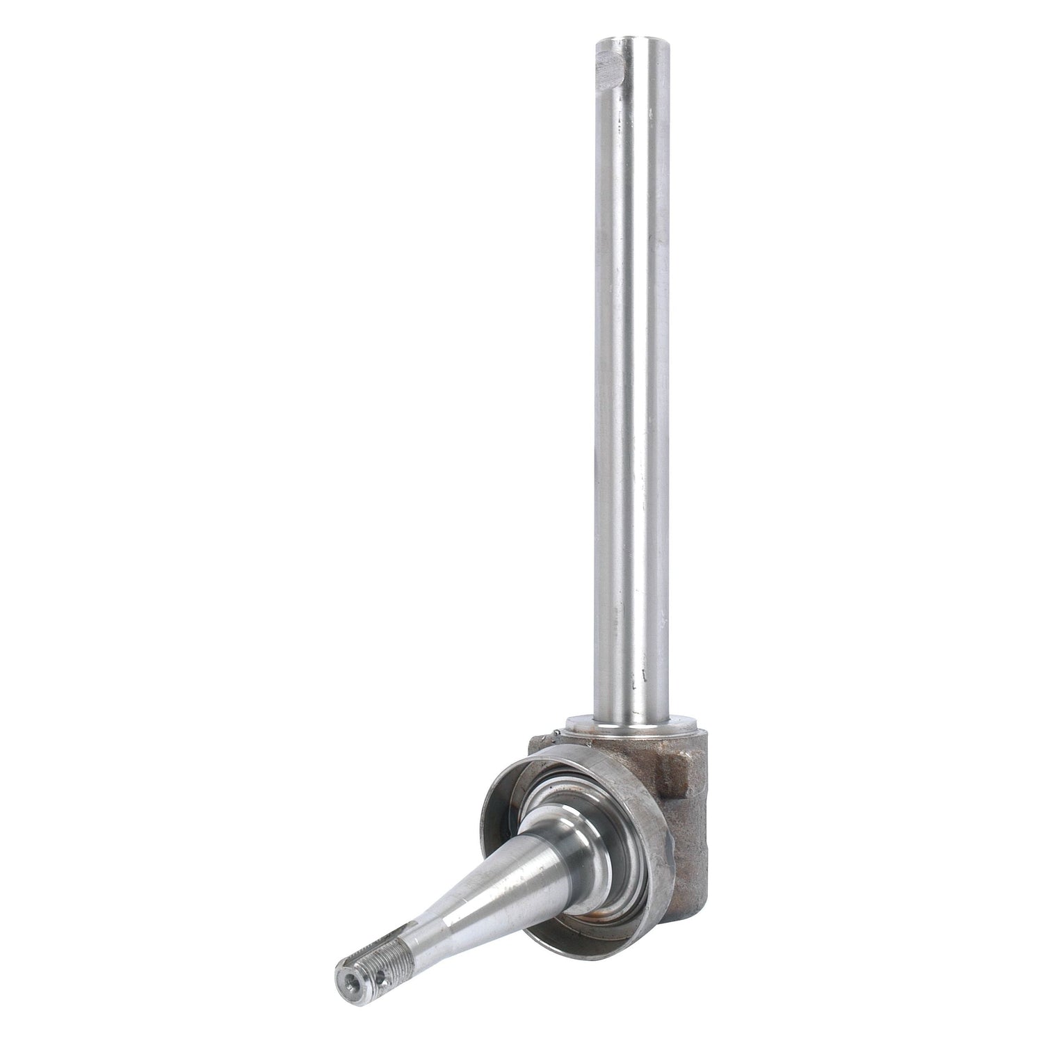 A Sparex Spindle RH (Sparex Part No. S.15987) is a metal mechanical component featuring a long cylindrical rod and a conical section attached to a rectangular base, designed for Massey Ferguson equipment.