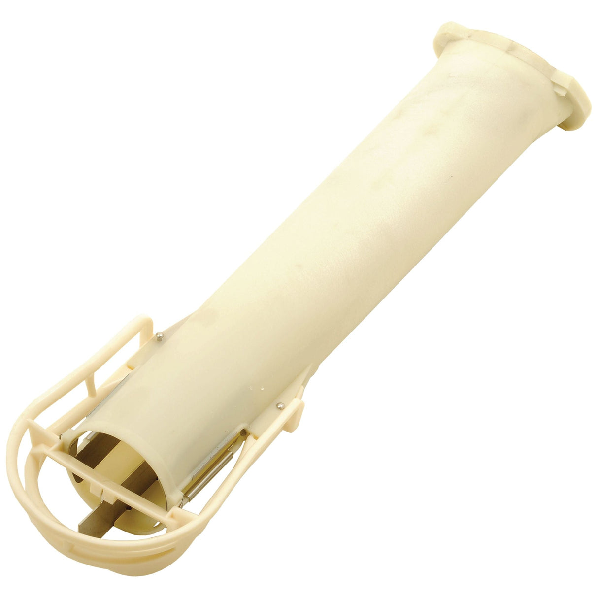 The Spout (With fitted diffuser band) - S.22808 by Sparex is a beige-colored protective outdoor light fixture cover with an encased design, featuring a cylindrical shape and a wire guard at one end.