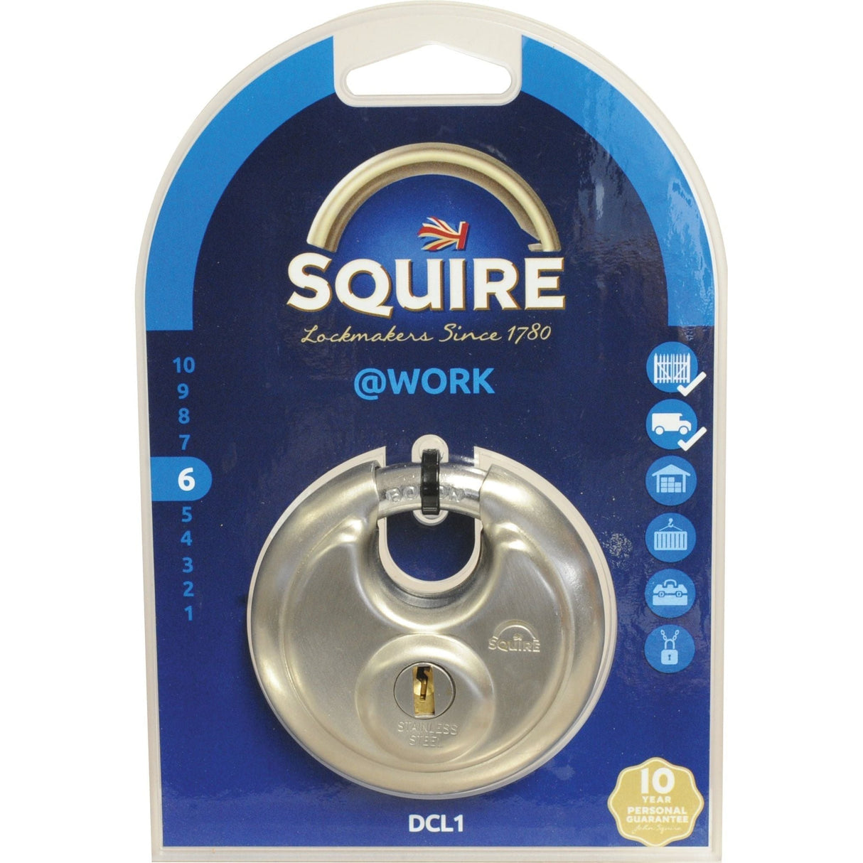 A round, silver Squire DCL Range padlock from Sparex, made of stainless steel with a 70mm body width (Security rating: 6), in its packaging. The lock features a hardened steel shackle for extra security and includes a 10-year guarantee.