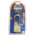 Packaging of a Sparex Squire Solid Brass Lion Range Padlock, featuring a 14mm solid brass body and stainless-steel shackle. The padlock, which carries a security rating of 3, includes 3 keys and comes in a plastic and cardboard blister pack with detailed product information.