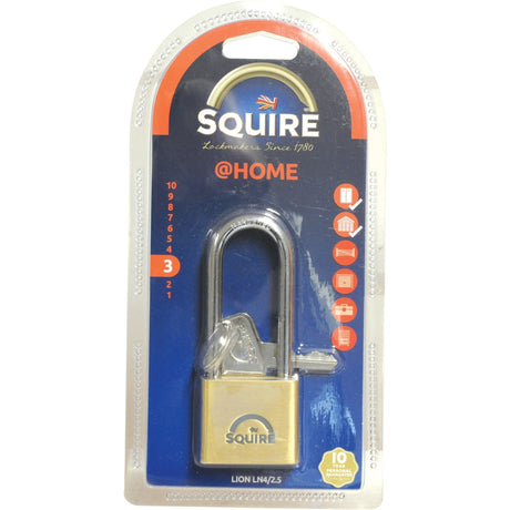 Packaging of a Sparex Squire Solid Brass Lion Range Padlock, featuring a 14mm solid brass body and stainless-steel shackle. The padlock, which carries a security rating of 3, includes 3 keys and comes in a plastic and cardboard blister pack with detailed product information.