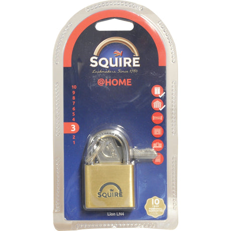 A packaged Sparex Squire Solid Brass Lion Range Padlock (S.26759) with a body width of 39.5mm and two keys. The package highlights the security rating of 3 and depicts various household uses, making it an ideal security solution for toolboxes and more.