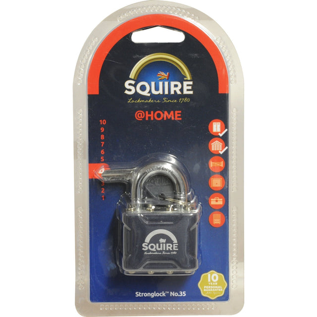 A packaged Sparex Squire Stronglock Pin Tumbler Padlock (S.26752) with a 38mm dark blue steel body labeled "Stronglock No.35." The blister pack displays various icons illustrating its applications, mentions a 10-year guarantee, and highlights its double deadlocking feature for enhanced security (security rating: 4).