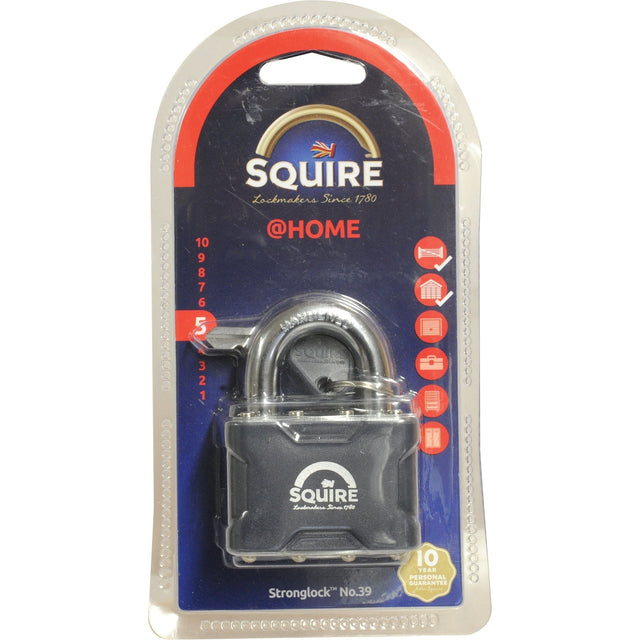 The Squire Stronglock Pin Tumbler Padlock by Sparex, model S.26754, is a steel padlock with a 51mm-wide black body and a silver shackle featuring an anti-corrosion finish. Designed for home use, it has a security rating of 5 out of 15 and comes in packaging that includes detailed product information.