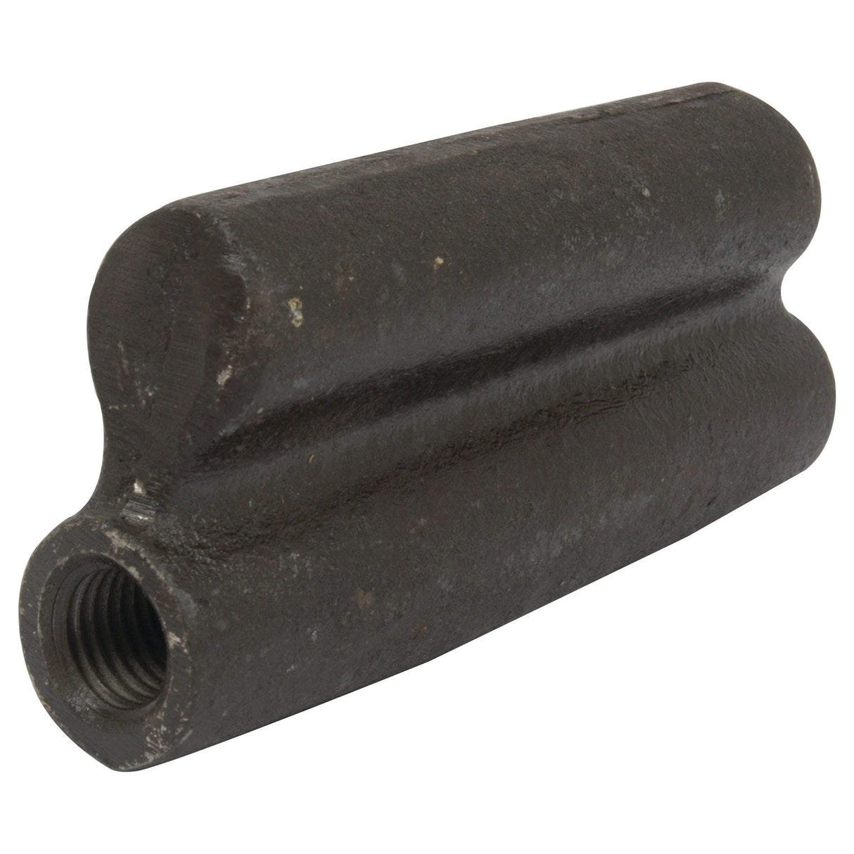 A Stabiliser Turnbuckle 125mm - M16x2 Metric from Sparex (Part No. S.62493); a cylindrical, dark-colored cast iron pipe fitting with a threaded hole on one end, designed to be compatible with metric thread sizes.