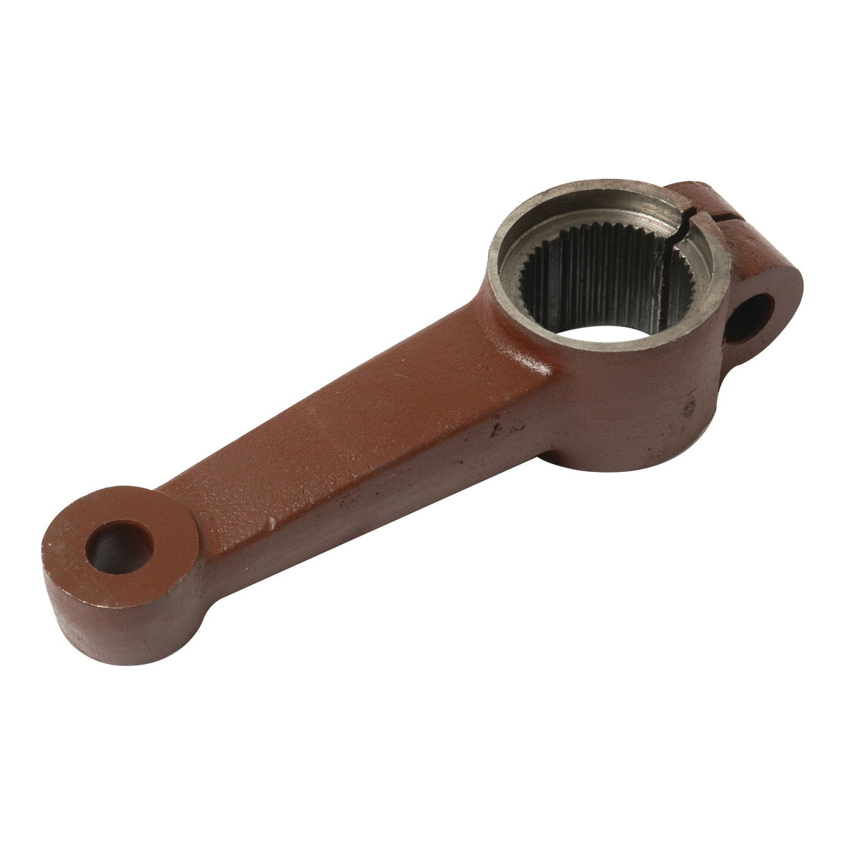 The Sparex Steering Arm (2WD), Part No. S.40120, is a brown metal mechanical arm component featuring two circular openings—one larger with internal splines and one smaller—designed for use as a steering arm in Massey Ferguson manual steering systems.