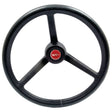 The Steering Wheel 355mm, Sparex Part No. S.66853, is a black three-spoke steering wheel with a red center hub, designed for Massey Ferguson tractors.