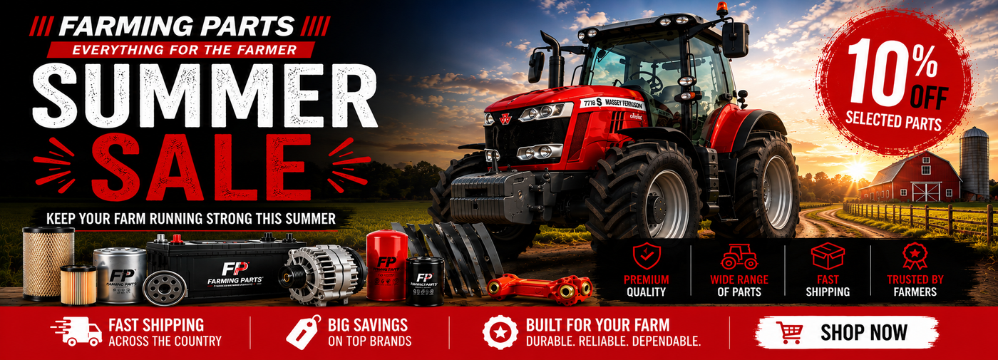 Red tractor on a farm with promotional text for a summer sale on farming parts.