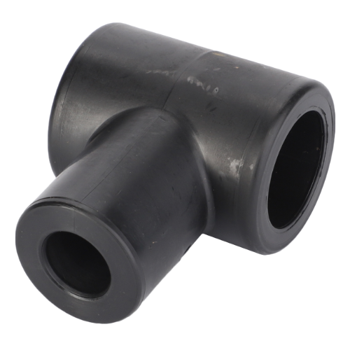 A black plastic support finger, model D28250585 by AGCO, designed in a T shape with three cylindrical openings, compatible with Pre-100 Series Massey Ferguson Combine machinery.