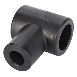 A black plastic support finger, model D28250585 by AGCO, designed in a T shape with three cylindrical openings, compatible with Pre-100 Series Massey Ferguson Combine machinery.