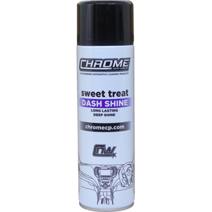 A can of JMCE DEALS' Chrome - Sweet Treat Dash Shine automotive dash cleaner with a white background, promising long-lasting deep shine. The product displays a website and logo at the bottom.