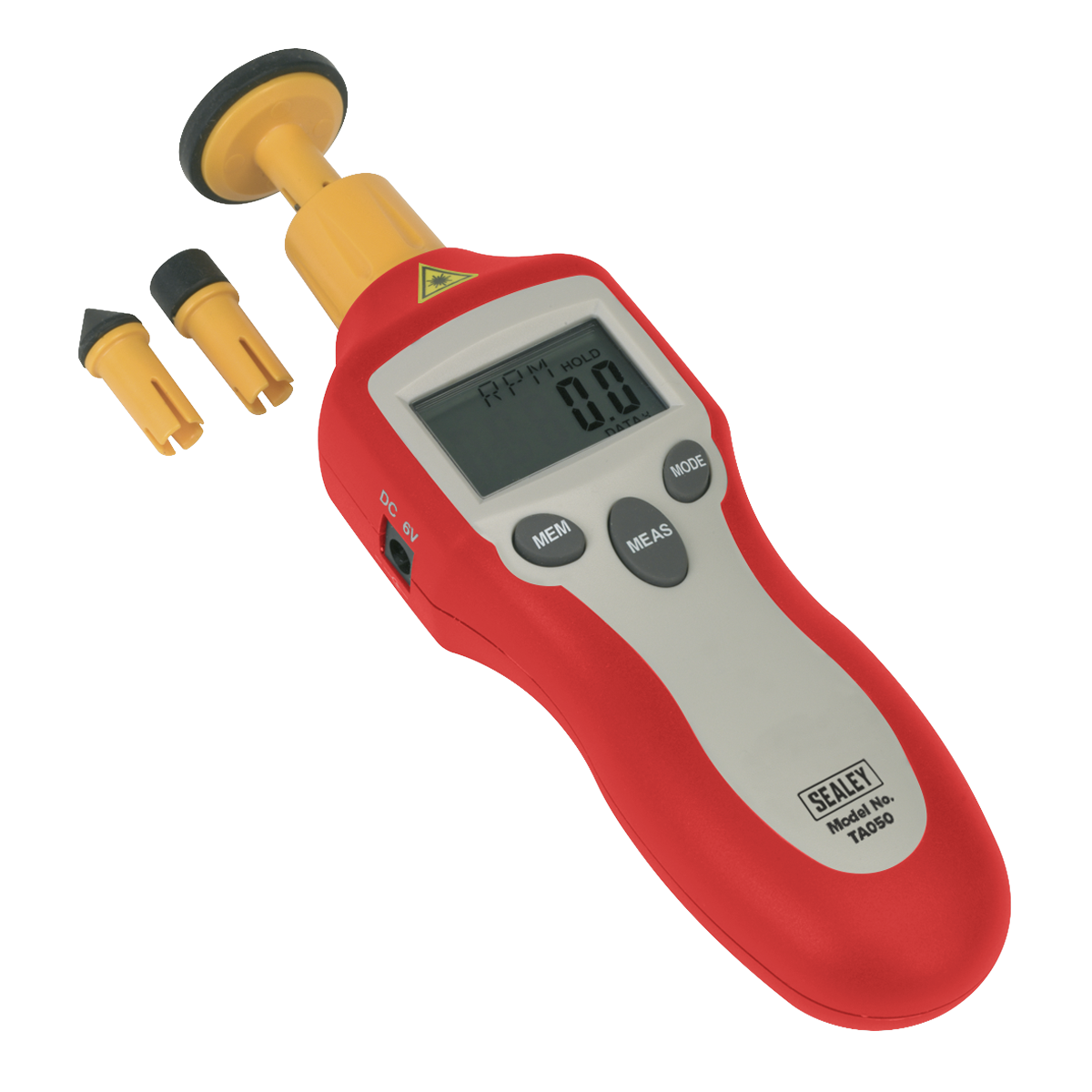 A Sealey Digital Tachometer Contact/Non-Contact - TA050, featuring a red handheld design and an LCD display reading "0.0," is designed for rotational speed measurement and includes two interchangeable probe tips placed beside it.