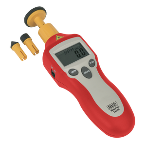 A Sealey Digital Tachometer Contact/Non-Contact - TA050, featuring a red handheld design and an LCD display reading "0.0," is designed for rotational speed measurement and includes two interchangeable probe tips placed beside it.