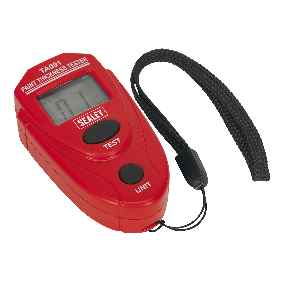 A red digital Sealey Paint Thickness Gauge (Model TA091) displaying "0.1" on its screen, featuring a test button, unit button, and a black wrist strap. Ideal for measuring non-magnetic coatings using magnetic induction technology.