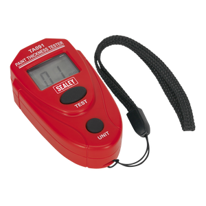 A red digital Sealey Paint Thickness Gauge (Model TA091) displaying "0.1" on its screen, featuring a test button, unit button, and a black wrist strap. Ideal for measuring non-magnetic coatings using magnetic induction technology.