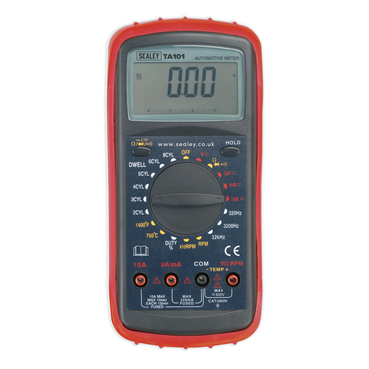 Introducing the Sealey Digital Automotive Analyser 12-Function - TA101, a reliable multimeter encased in durable red and black protective housing. It boasts an auto-ranging function and a large LCD display that currently reads 0.00, with the dial set for dwell angle measurement mode.