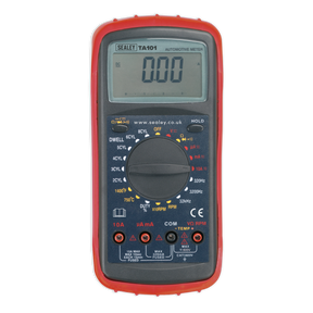 Introducing the Sealey Digital Automotive Analyser 12-Function - TA101, a reliable multimeter encased in durable red and black protective housing. It boasts an auto-ranging function and a large LCD display that currently reads 0.00, with the dial set for dwell angle measurement mode.