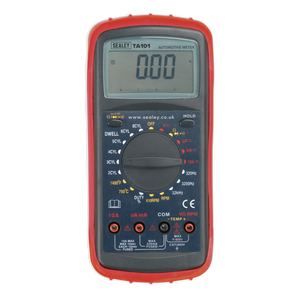 Introducing the Sealey Digital Automotive Analyser 12-Function - TA101, a reliable multimeter encased in durable red and black protective housing. It boasts an auto-ranging function and a large LCD display that currently reads 0.00, with the dial set for dwell angle measurement mode.