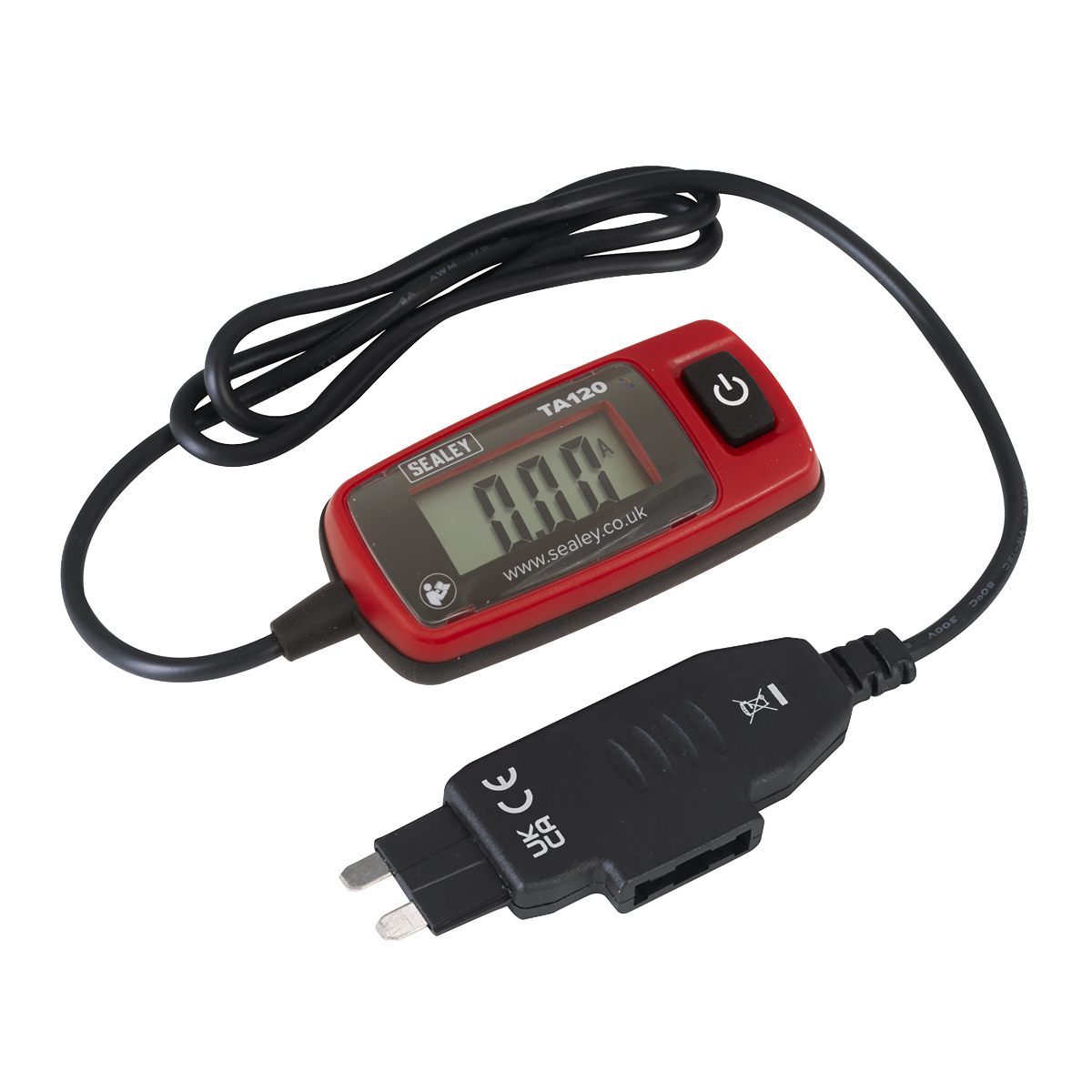 The Sealey Automotive Current Tester 20A - Standard Blade Fuse (TA120) features an LCD display, a black cable, and a red and black casing. This device is primarily used for current measurement or checking electrical circuits and displays a reading of 0.00 on the screen.