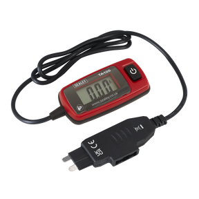 The Sealey Automotive Current Tester 20A - Standard Blade Fuse (TA120) features an LCD display, a black cable, and a red and black casing. This device is primarily used for current measurement or checking electrical circuits and displays a reading of 0.00 on the screen.