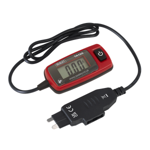 The Sealey Automotive Current Tester 20A - Standard Blade Fuse (TA120) features an LCD display, a black cable, and a red and black casing. This device is primarily used for current measurement or checking electrical circuits and displays a reading of 0.00 on the screen.