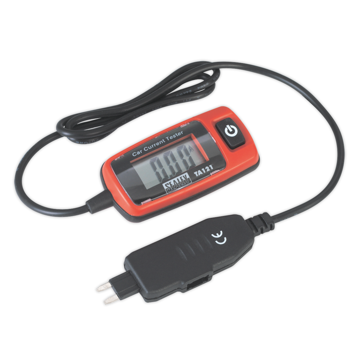 The Sealey Automotive Current Tester 20A - Mini Blade Fuse - TA121, an orange and black digital device with attached cables designed for accurate current measurement in vehicle electrical circuits, features a display screen showing "00.0.