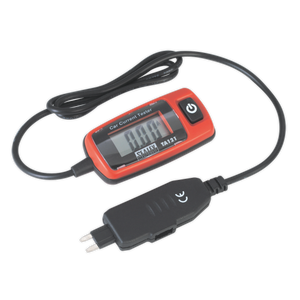 The Sealey Automotive Current Tester 20A - Mini Blade Fuse - TA121, an orange and black digital device with attached cables designed for accurate current measurement in vehicle electrical circuits, features a display screen showing "00.0.