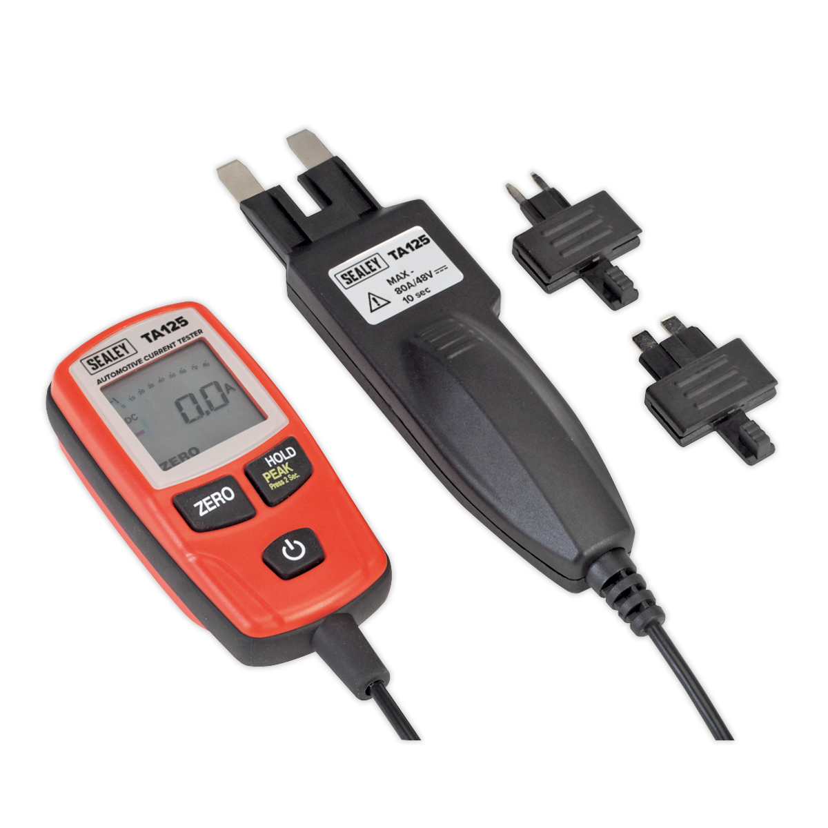 The Sealey Automotive Current Tester 80A - Mini, Standard & Maxi Blade Fuses - TA125 is a digital electrical tester with a display screen designed for current measurement in automotive circuits. It includes two black attachment probes: one with a main connector and two separate smaller connectors, perfect for fault-finding.