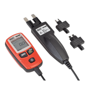 The Sealey Automotive Current Tester 80A - Mini, Standard & Maxi Blade Fuses - TA125 is a digital electrical tester with a display screen designed for current measurement in automotive circuits. It includes two black attachment probes: one with a main connector and two separate smaller connectors, perfect for fault-finding.