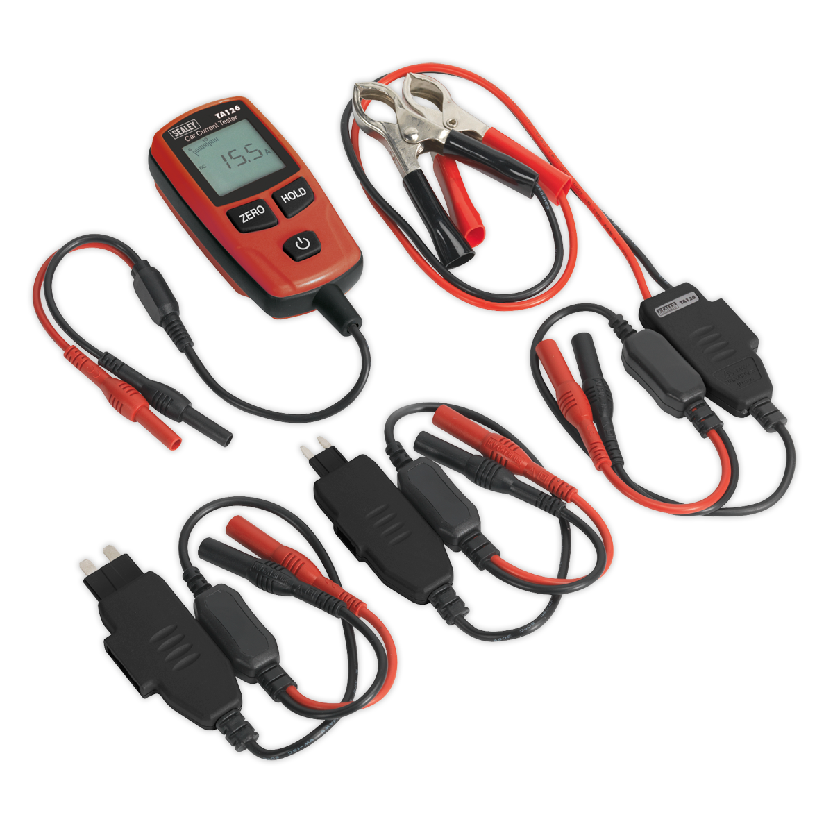 The Sealey Automotive Current Tester 30A - TA126 lies on a white background, featuring red and black cables, clamps, and multiple connectors. The LCD display shows a reading of 15.5, indicating precise current measurement for car electrical circuits.