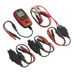 The Sealey Automotive Current Tester 30A - TA126 lies on a white background, featuring red and black cables, clamps, and multiple connectors. The LCD display shows a reading of 15.5, indicating precise current measurement for car electrical circuits.