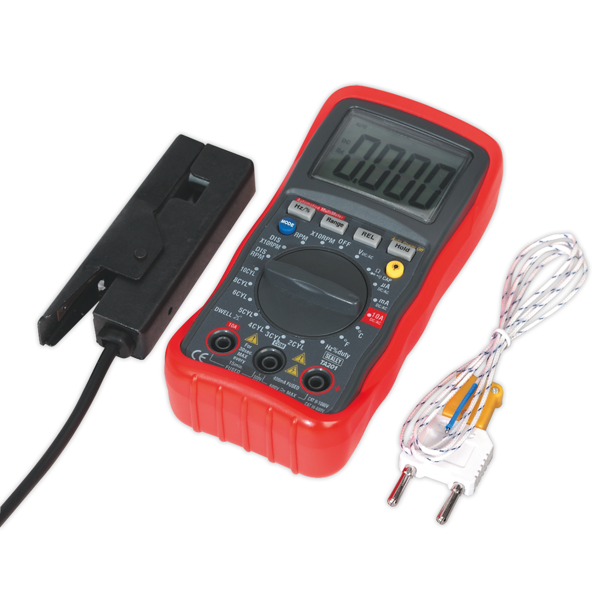 The compact Sealey Digital Automotive Analyser 13-Function with Inductive Coupler - TA201 comes in a striking red color and includes an attached set of probes, a black clamp accessory, and a white wired thermocouple. Its high-contrast LCD display and auto-ranging functions ensure accurate readings in various settings.