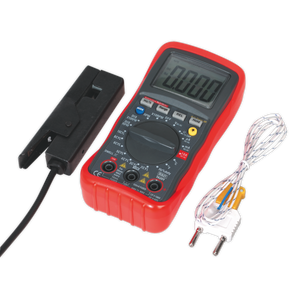 The compact Sealey Digital Automotive Analyser 13-Function with Inductive Coupler - TA201 comes in a striking red color and includes an attached set of probes, a black clamp accessory, and a white wired thermocouple. Its high-contrast LCD display and auto-ranging functions ensure accurate readings in various settings.