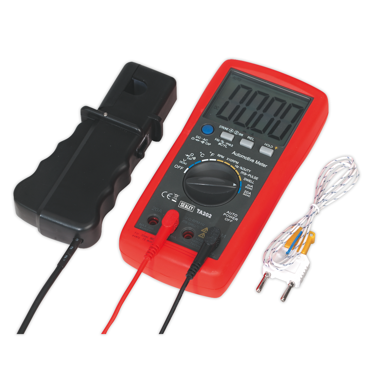 The Sealey Digital Automotive Analyser 14-Function with Inductive Coupler - TA202 is a red multimeter equipped with a black clamp, two leads, and a yellow thermocouple attachment. Its display shows "0.000." Perfect for both AC and DC circuits, it boasts an extra-large LCD screen for enhanced visibility and includes a millisecond pulse-width function for precise measurements.