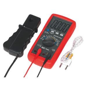 The Sealey Digital Automotive Analyser 14-Function with Inductive Coupler - TA202 is a red multimeter equipped with a black clamp, two leads, and a yellow thermocouple attachment. Its display shows "0.000." Perfect for both AC and DC circuits, it boasts an extra-large LCD screen for enhanced visibility and includes a millisecond pulse-width function for precise measurements.